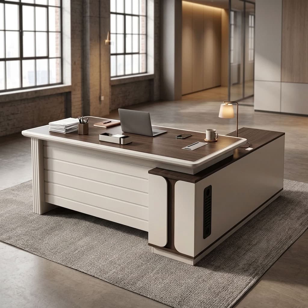 1.8m Modern Executive L-Shaped Desk with walnut-look tabletop, rounded cream-white edges, horizontal front modesty panel, and matching side return with curved detailing.