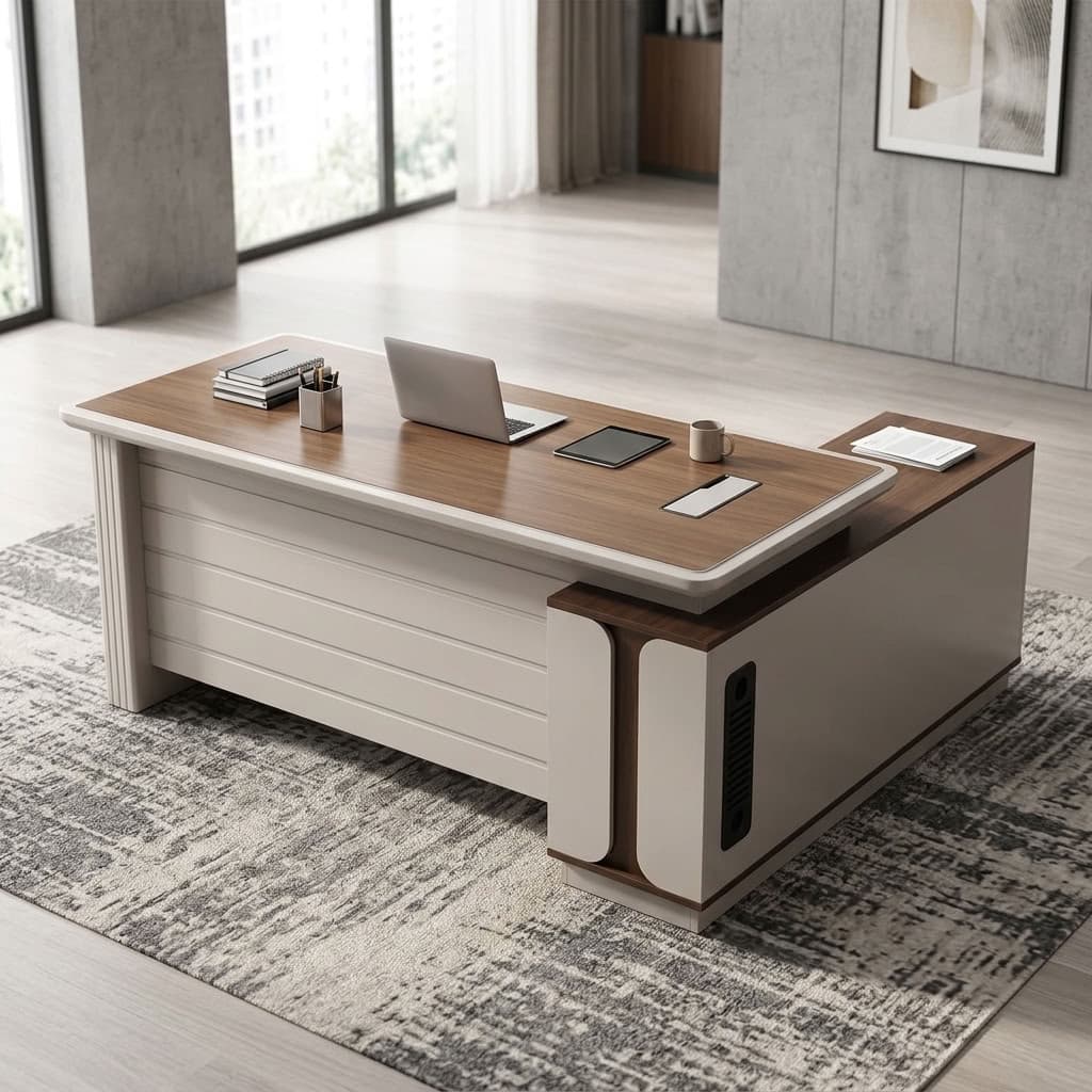 1.8m Modern Executive L-Shaped Desk with walnut-look tabletop, rounded cream-white edges, horizontal front modesty panel, and matching side return with curved detailing.