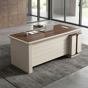 1.8m Modern Executive L-Shaped Desk with walnut-look tabletop, rounded cream-white edges, horizontal front modesty panel, and matching side return with curved detailing.