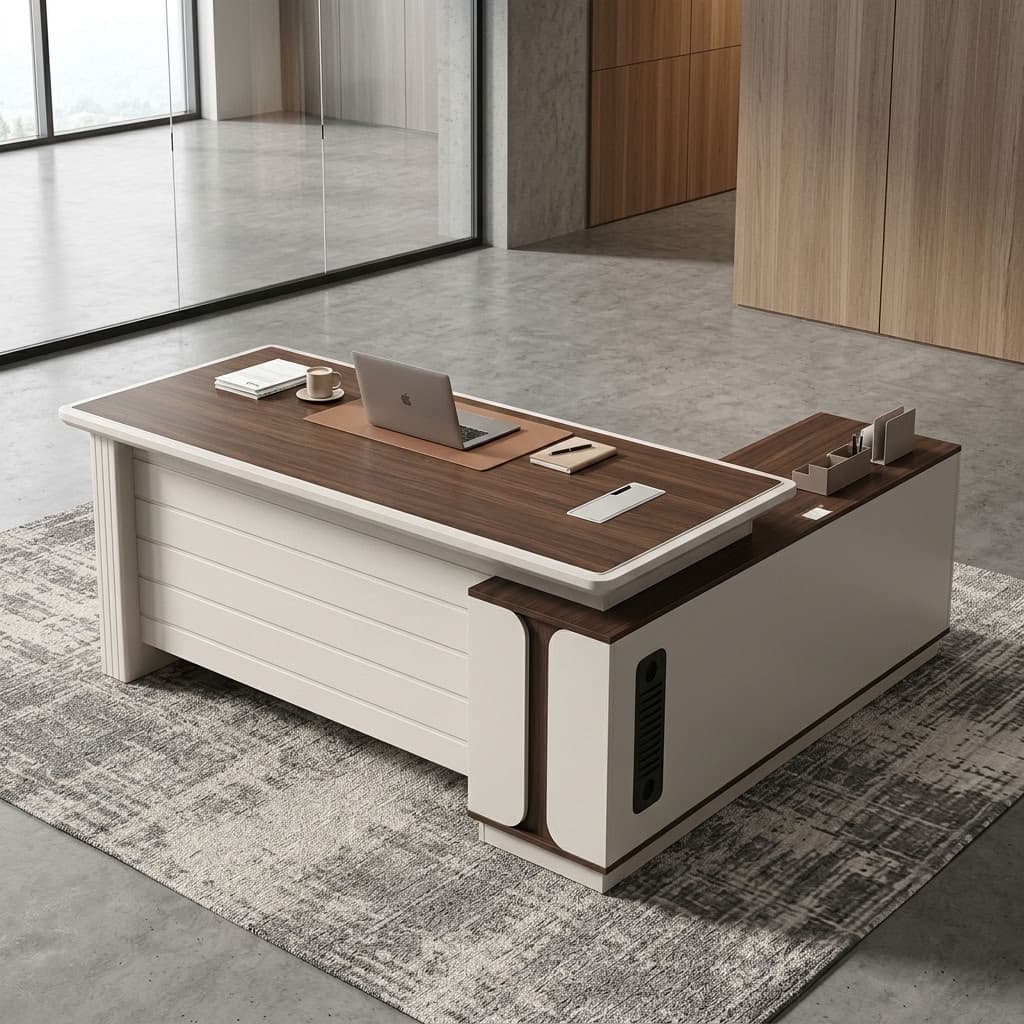 1.8m Modern Executive L-Shaped Desk with walnut-look tabletop, rounded cream-white edges, horizontal front modesty panel, and matching side return with curved detailing.