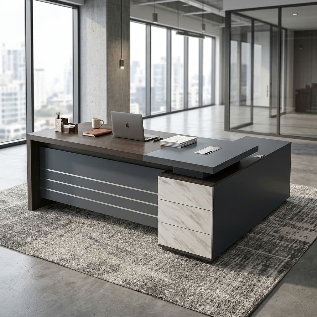 Premium 1.8m Executive Desk with dark wood-grain tabletop, charcoal gray L-shaped side return, marble-look three-drawer cabinet, and front modesty panel with horizontal metallic-look accents.