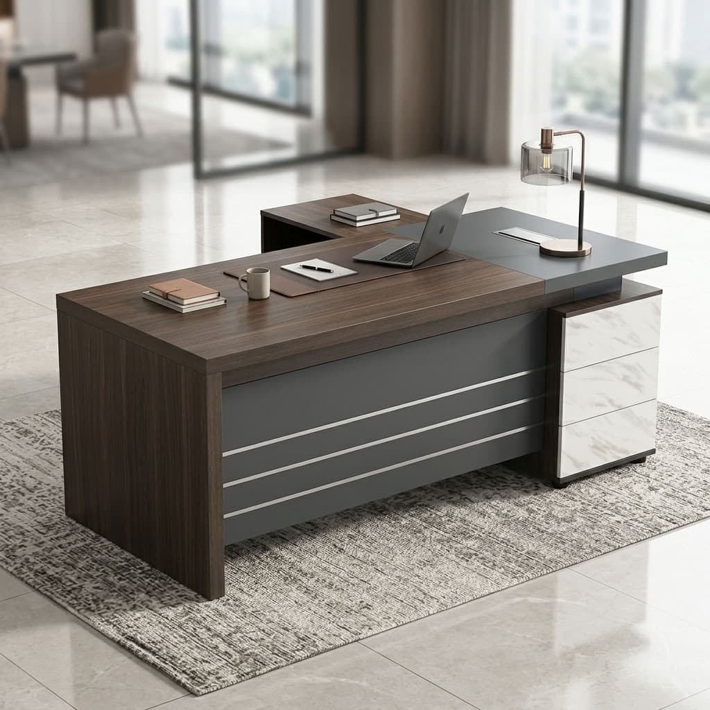 Premium 1.8m Executive Desk with dark wood-grain tabletop, charcoal gray L-shaped side return, marble-look three-drawer cabinet, and front modesty panel with horizontal metallic-look accents.