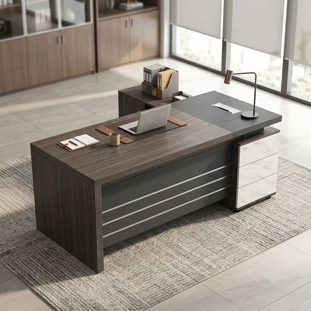 Premium 1.8m Executive Desk with dark wood-grain tabletop, charcoal gray L-shaped side return, marble-look three-drawer cabinet, and front modesty panel with horizontal metallic-look accents.